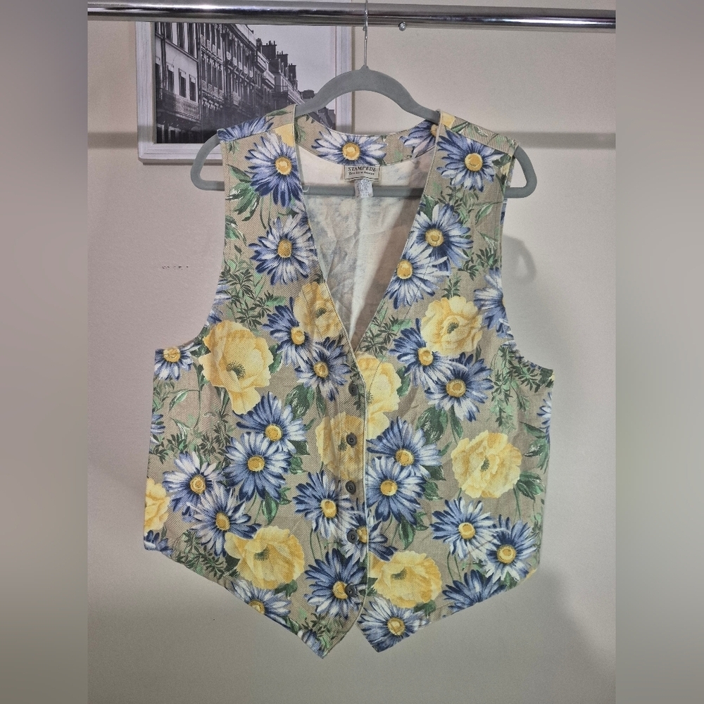 Vintage 90s Floral Button-Up Vest - Yellow and Blue